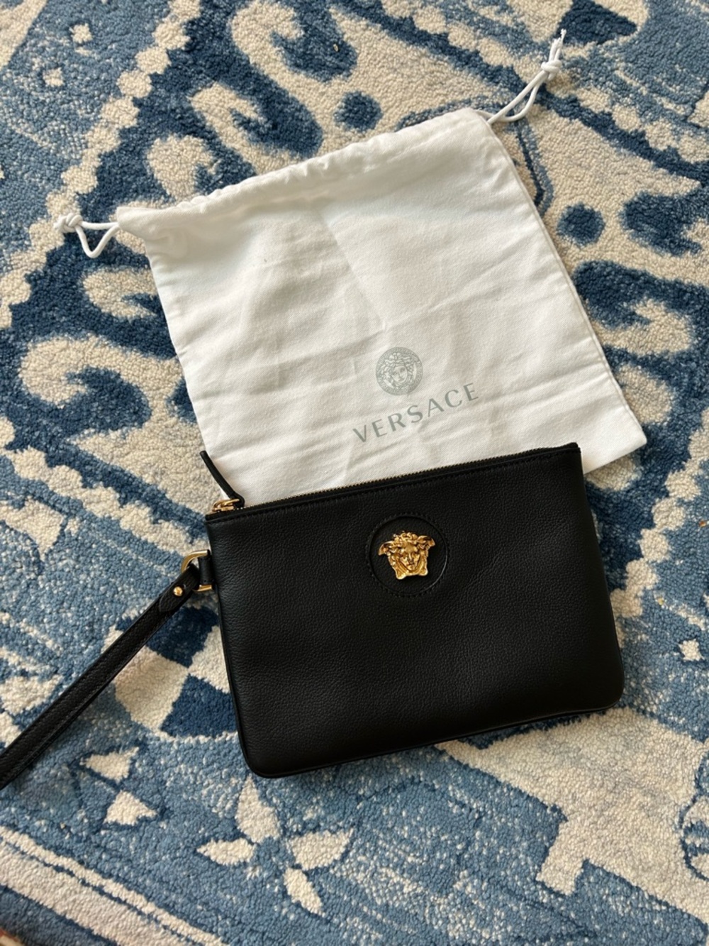 Versace Black Leather Wristlet Clutch with Gold Medusa